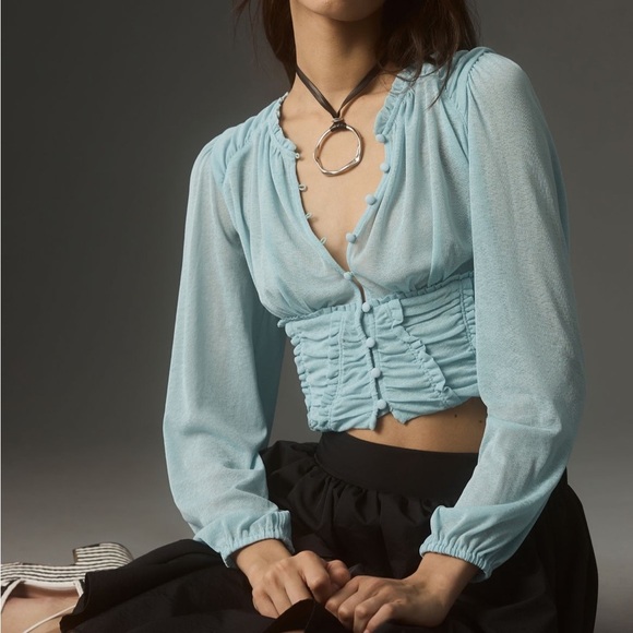 NWT Anthropologie Blue Ruched corset Style Long Sleeves ruched Blouse top - Picture 1 of 13